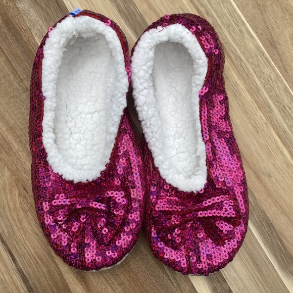 Snoozies Hot Pink Sequined Slipper W/Bow Size L - Picture 2 of 6